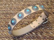 Tan Leather Dog Collar with Silver Plated Circles Blue Stones-Dog Supplies Tan Leather Dog Collar with Silver Plated Circles Blue Stones-Dog Supplies
