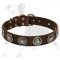 Leather Dog Collar with Silver Circles Blue Stones