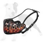 Beautiful Hand-Painted with Flames Leather Dog Muzzle for Attack/Agitation Training
