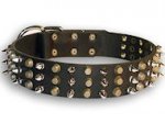 Leather dog collar with 3spikes+3old brass pyramids for all dogs