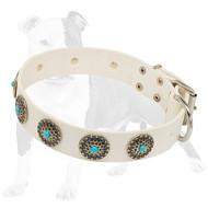 White Leather Dog Collar with Blue Stones Inserted in Carved Studs White Leather Dog Collar with Blue Stones Inserted in Carved Studs