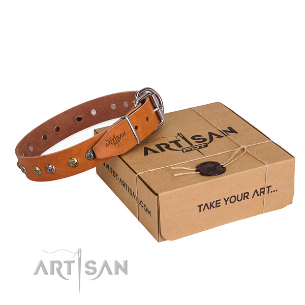 Natural genuine leather dog collar with amazing durable adornments