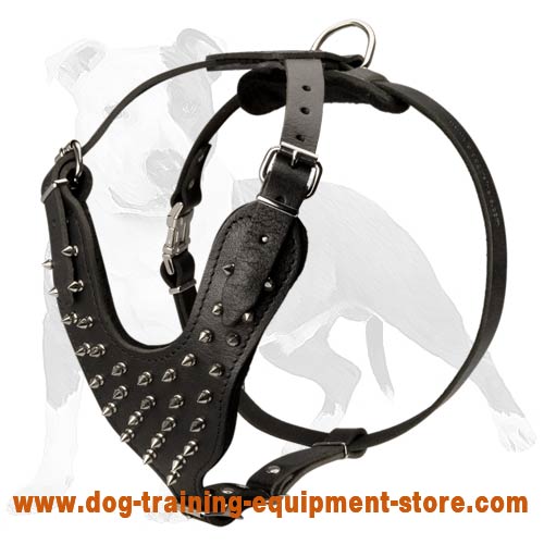 Fashionable Silver Color Spiked Leather Dog Harness for Training and Walking