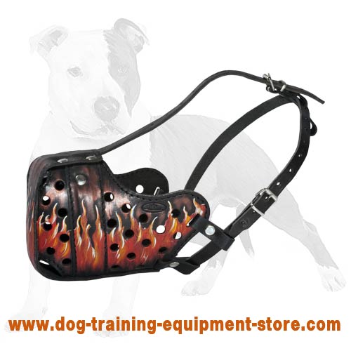 Beautiful Hand-Painted with Flames Leather Dog Muzzle for Attack/Agitation Training