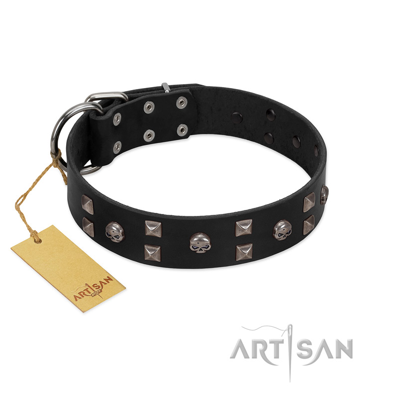 "Fire Eyes" Designer Handmade FDT Artisan Black Leather dog Collar - Click Image to Close