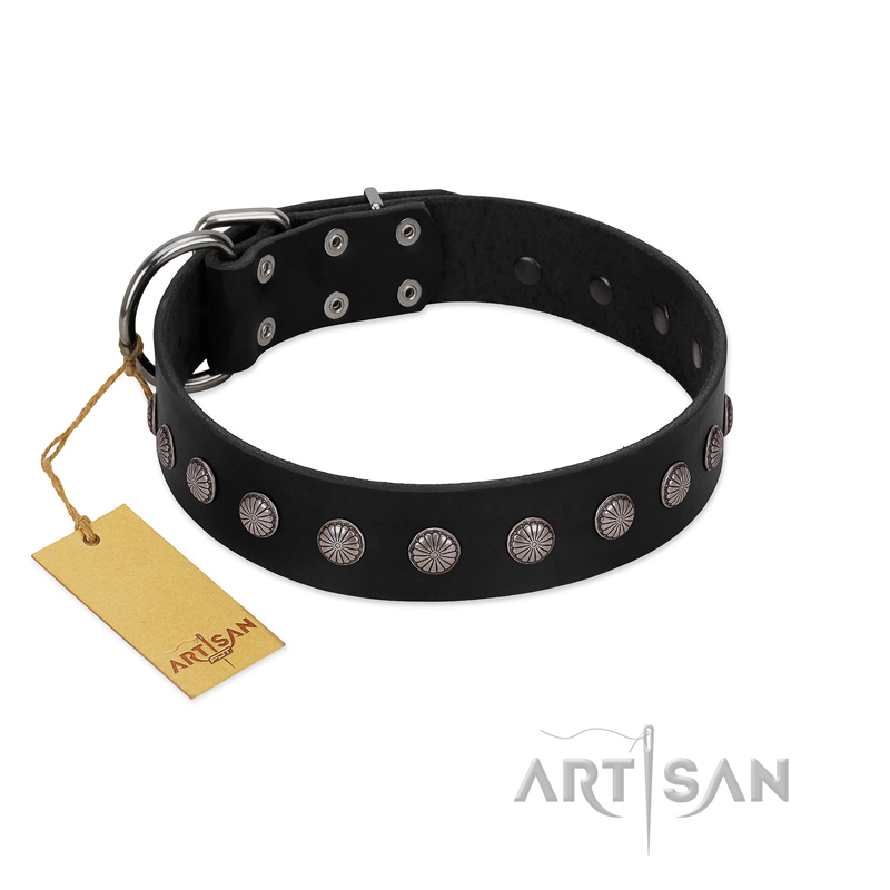 "Silver Flower" Exclusive FDT Artisan Black Leather dog Collar with Silver-Like Studs - Click Image to Close