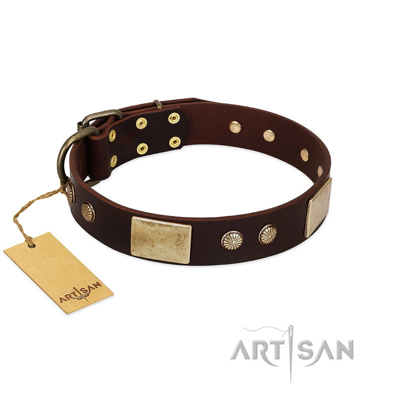 "Middle Age" FDT Artisan Brown Leather dog Collar with Old Bronze-Plated Engraved Flowers and Large Plates - Click Image to Close