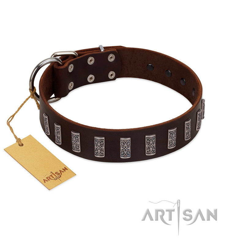 "Brown Lace" Handmade FDT Artisan Brown Leather dog Collar for Everyday Walks - Click Image to Close