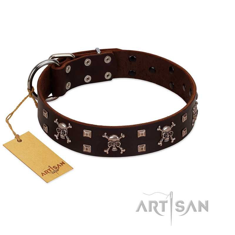 "Menacing Allure" FDT Artisan Brown Leather dog Collar Embellished with Silvery Crossbones and Square Studs - Click Image to Close