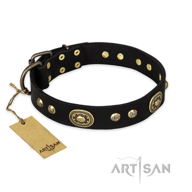 "High Fashion" FDT Artisan Studded with Plates Black Leather dog Collar
