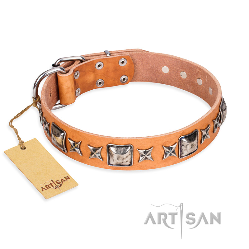 "Glamour Finery" FDT Artisan Female dog collar of natural leather with stylish old-looking circles