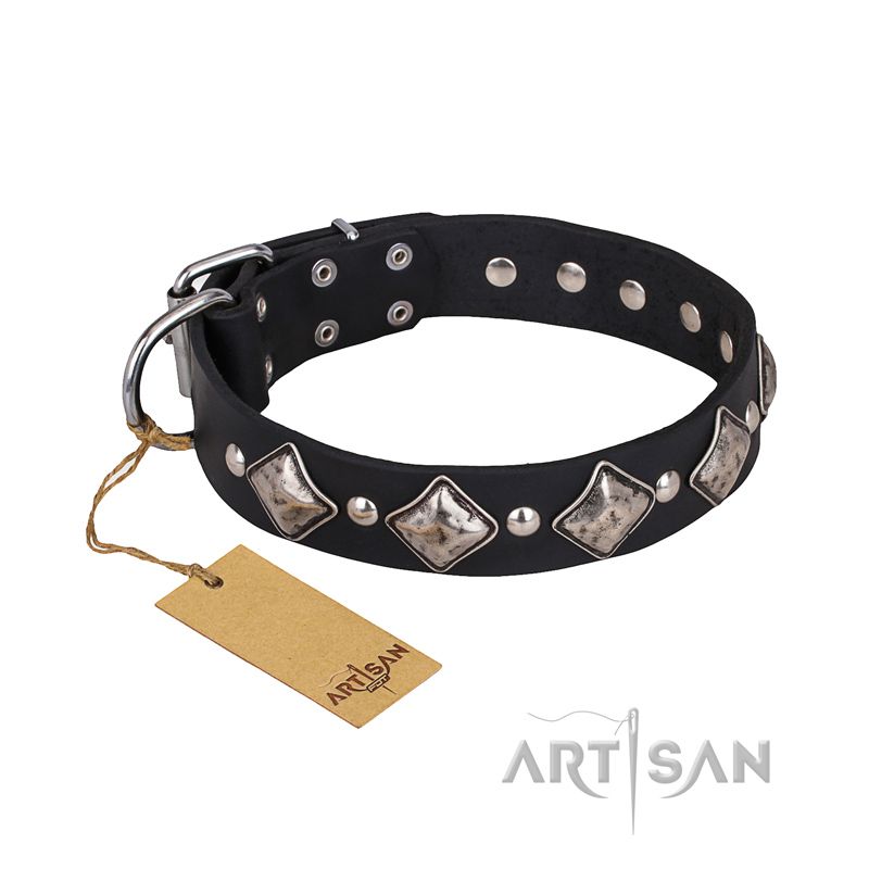 "Silver Charm" FDT Artisan Leather dog Collar with Silvery-Plated Large Square Studs - Click Image to Close