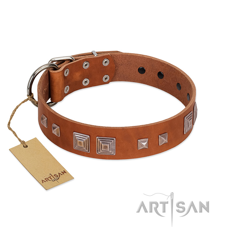 "Egyptian Gifts" Handmade FDT Artisan Tan Leather dog Collar with Chrome-plated Pyramids