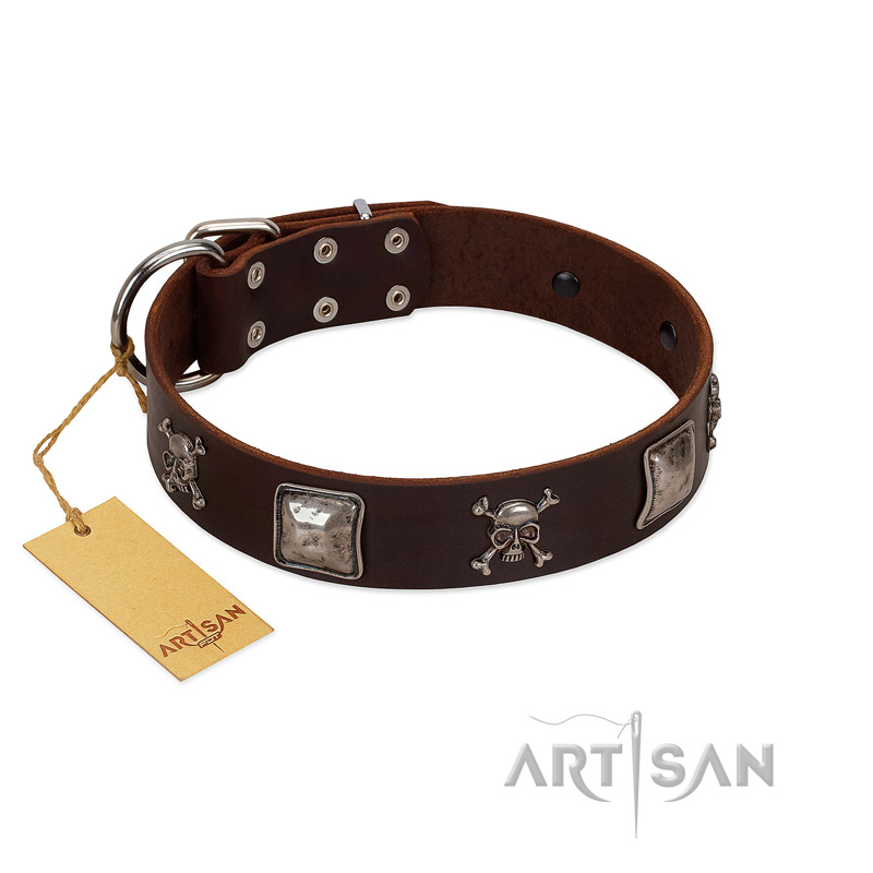 "Nut-Brown Finery" Embellished FDT Artisan Brown Leather dog Collar with Chrome Plated Crossbones and Plates