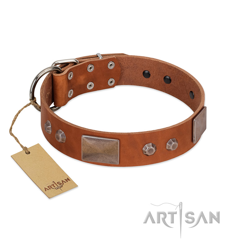 "Great Obelisk" Handcrafted FDT Artisan Tan Leather dog Collar with Large Plates and Pyramids - Click Image to Close