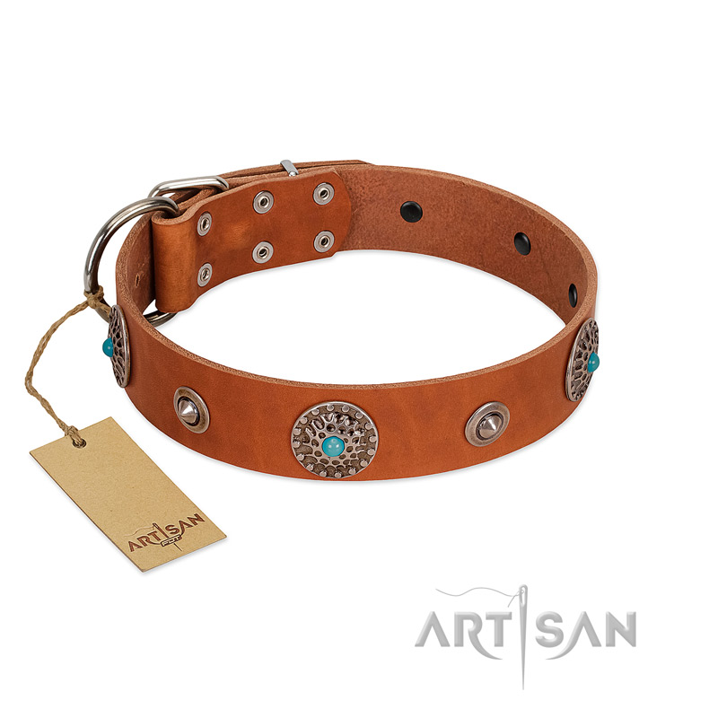"Marine Antiques" Handmade FDT Artisan Tan Leather dog Collar with Blue Stones