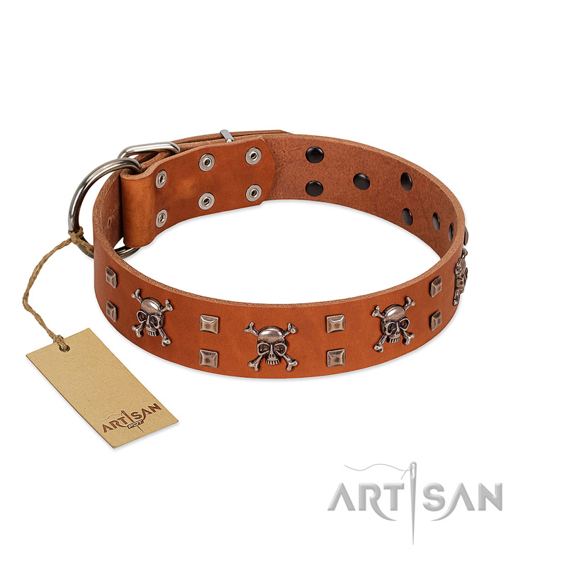 "Rebellious Nature" FDT Artisan Tan Leather dog Collar Embellished with Crossbones and Square Studs