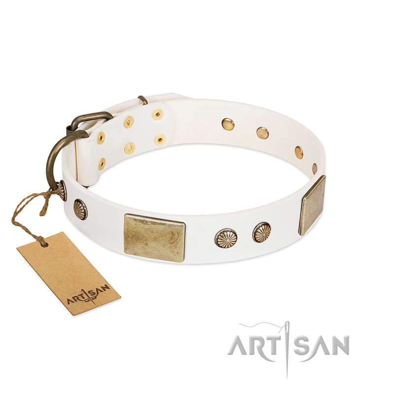 "Pure Elegance " FDT Artisan White Decorated Leather dog Collar - 1 1/2 inch (40 mm) wide