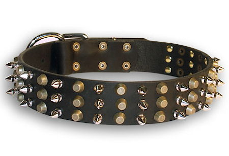 Leather dog collar with 3spikes+3old brass pyramids for all dogs