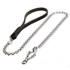 Walking dog leash with leather handle