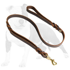 Braided leather dog leash with handle