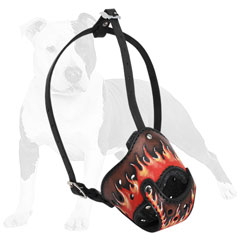 Softly padded leather dog muzzle with flames