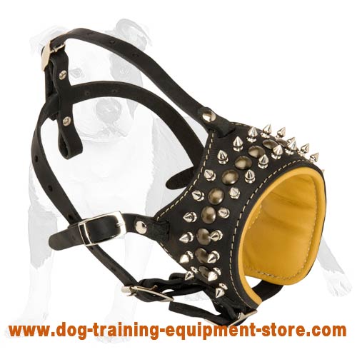 Durable Leather Padded Dog Muzzle Spiked Studded Adjustable Dog Mouth Cover 