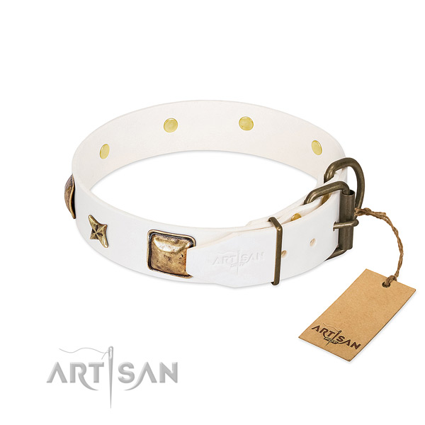 Natural genuine leather dog collar with strong hardware and adornments