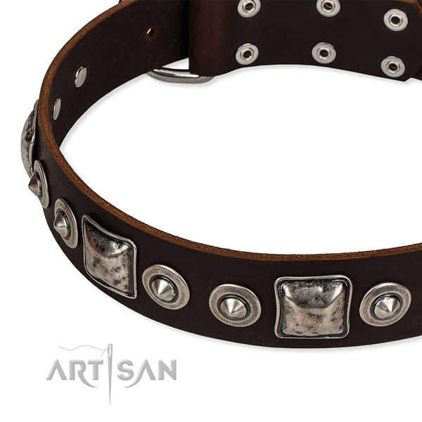 Full grain genuine leather dog collar made of top notch material with decorations