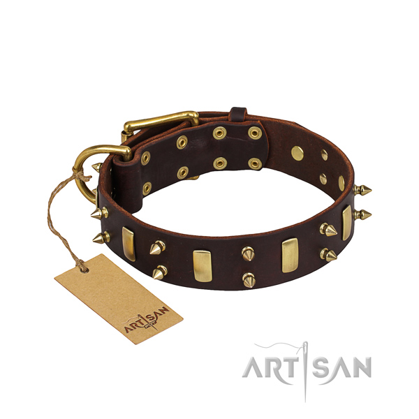 Handy use dog collar of fine quality leather with adornments