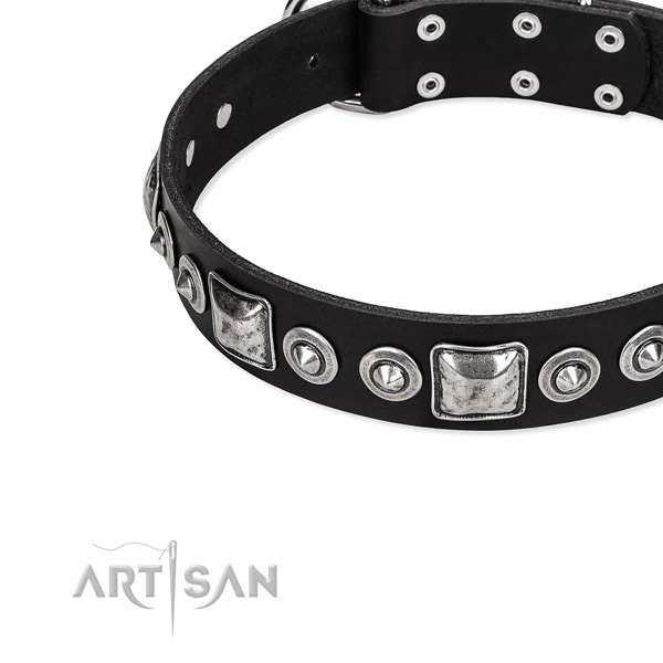 Full grain leather dog collar made of reliable material with embellishments