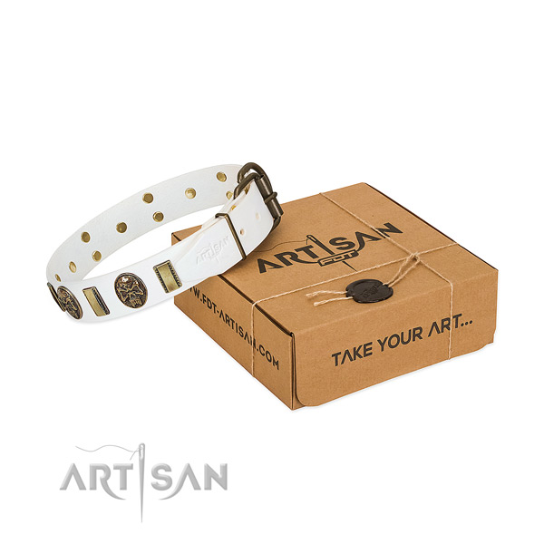 Corrosion proof hardware on full grain natural leather dog collar for comfortable wearing