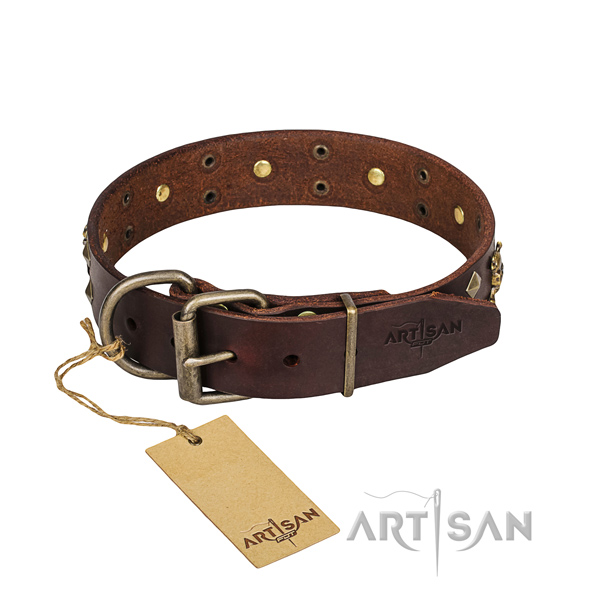 Basic training dog collar of durable natural leather with adornments