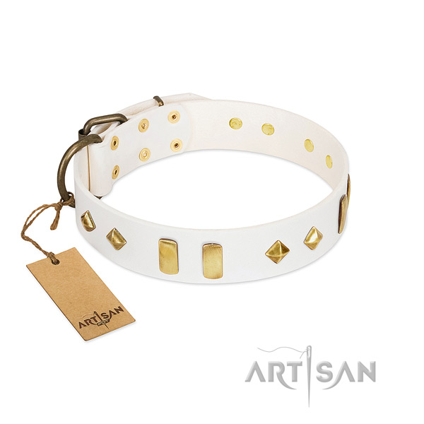 Daily use soft natural leather dog collar with decorations