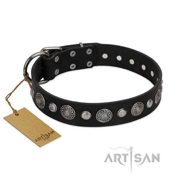 Finest quality full grain genuine leather dog collar with incredible decorations