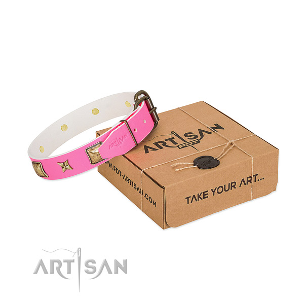 Durable hardware on full grain leather dog collar for comfy wearing