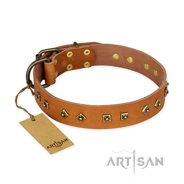 Perfect fit full grain natural leather dog collar with rust-proof D-ring