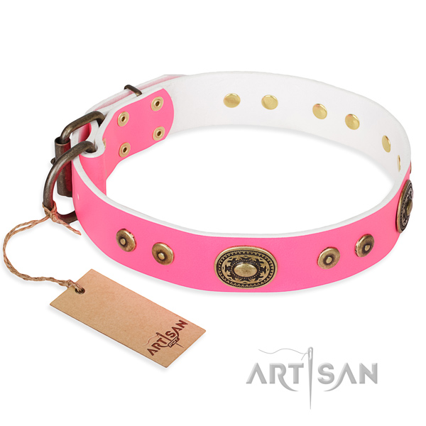 Natural genuine leather dog collar made of soft material with corrosion proof buckle