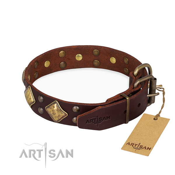 Leather dog collar with exquisite corrosion resistant decorations