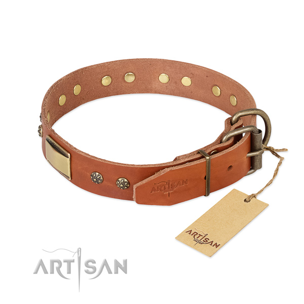 Natural genuine leather dog collar with strong D-ring and studs