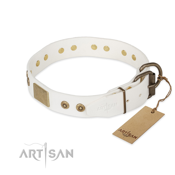Full grain genuine leather dog collar with rust resistant D-ring and embellishments