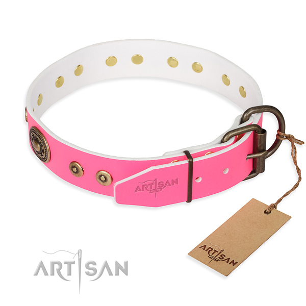 Leather dog collar made of gentle to touch material with corrosion resistant adornments