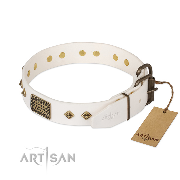 Full grain genuine leather dog collar with strong D-ring and decorations