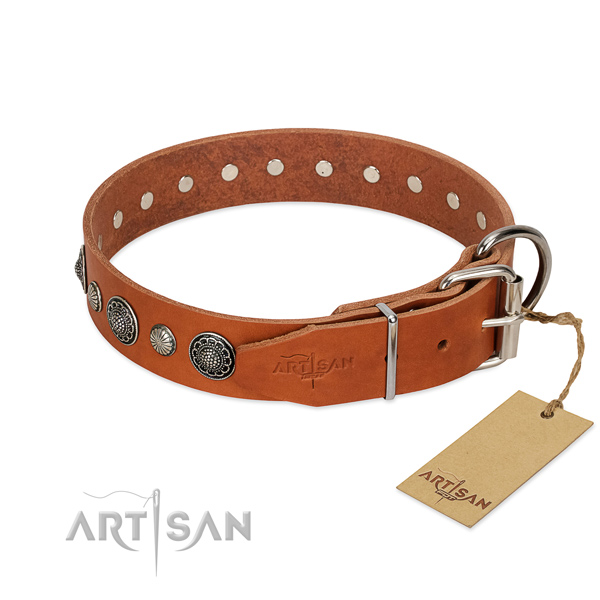 Reliable natural leather dog collar with corrosion proof buckle