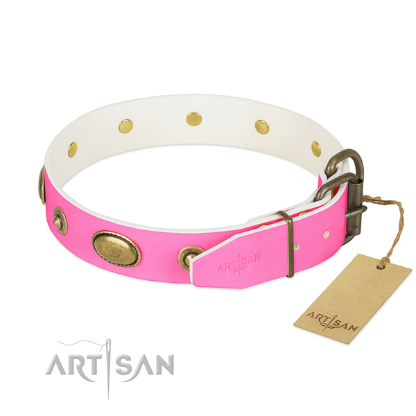 Rust-proof D-ring on full grain natural leather dog collar for your pet