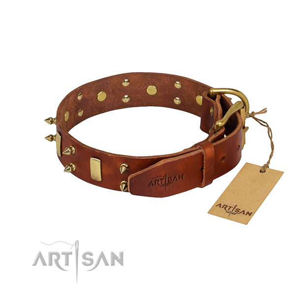 Handy use adorned dog collar of reliable natural leather