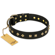 "Rhomb Style" FDT Artisan Decorated Leather dog Collar with Old Bronze-Plated Studs 1 1/2 inch (40 mm) Wide