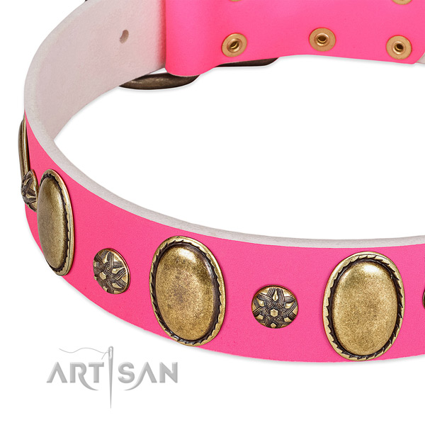 High quality full grain natural leather dog collar with corrosion resistant traditional buckle