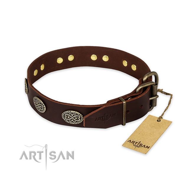 Reliable D-ring on full grain genuine leather collar for your handsome pet