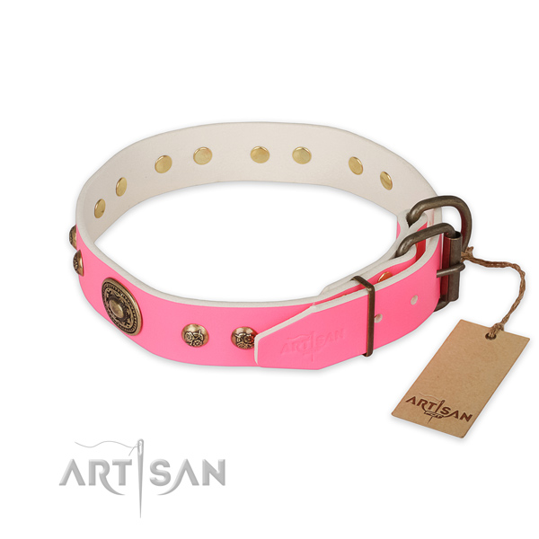Reliable D-ring on full grain natural leather collar for walking your dog